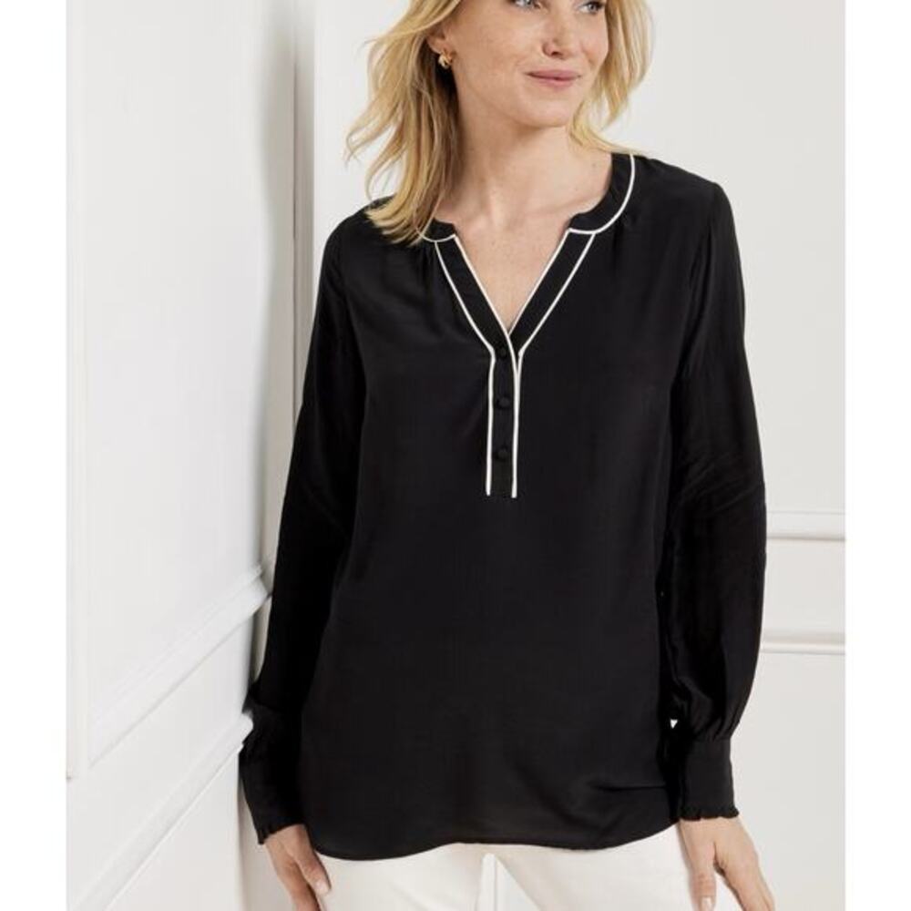Talbots Piped Placket Long Sleeve Top Women's Size Small Black Blouse